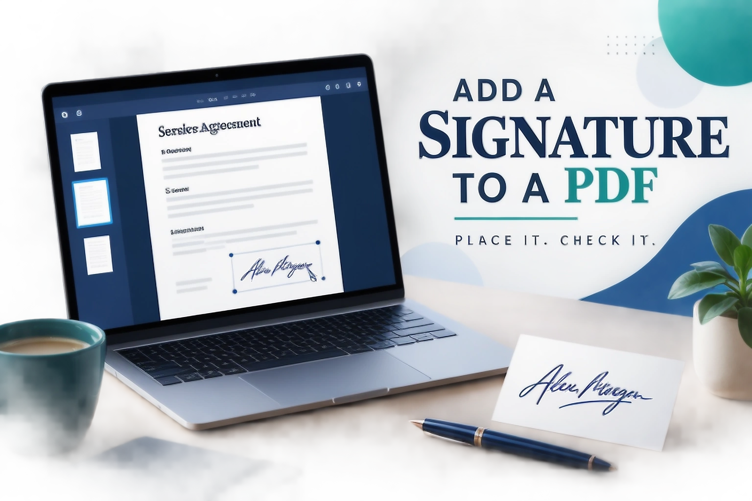 Add a signature to a PDF guide cover showing a signature image being placed on a PDF document