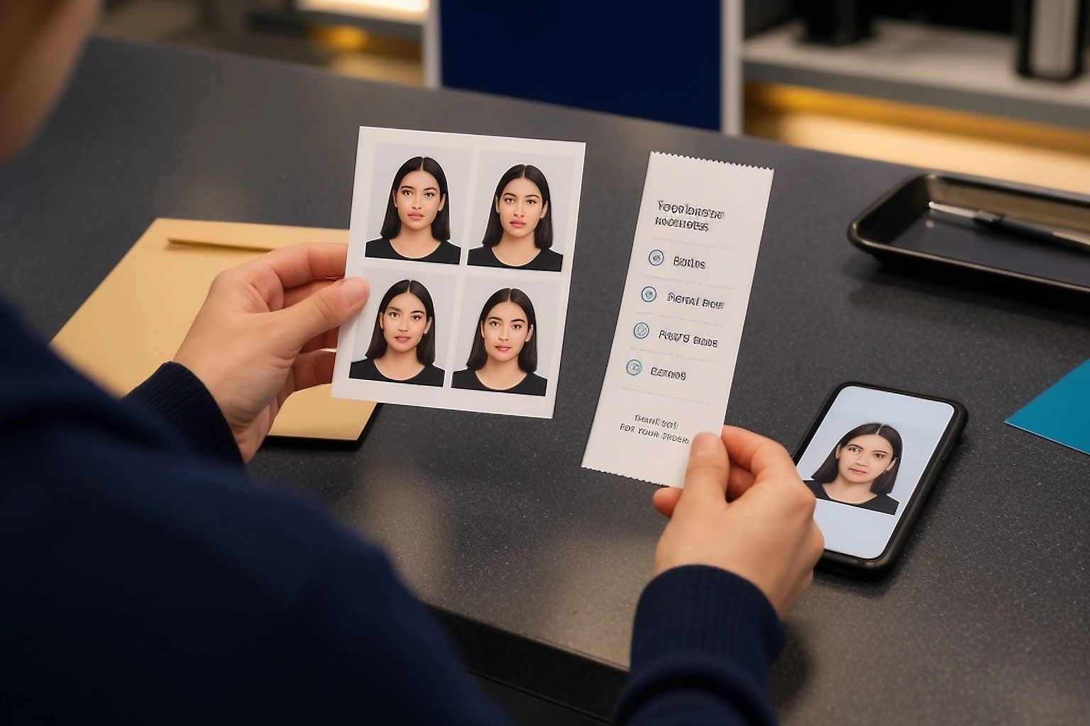 Customer checking printed passport photos, a digital file and a photo service delivery checklist