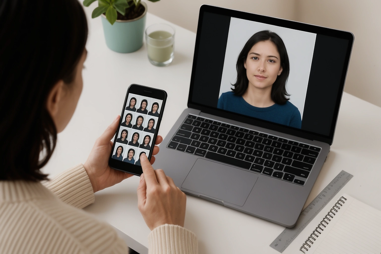 Phone and laptop showing several natural passport photo frames being reviewed for focus, head position, and facial detail