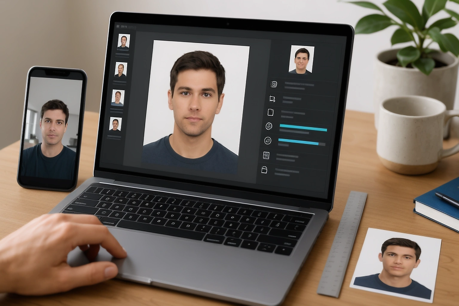 Laptop showing the saved passport photo file being checked beside the original phone image before submission