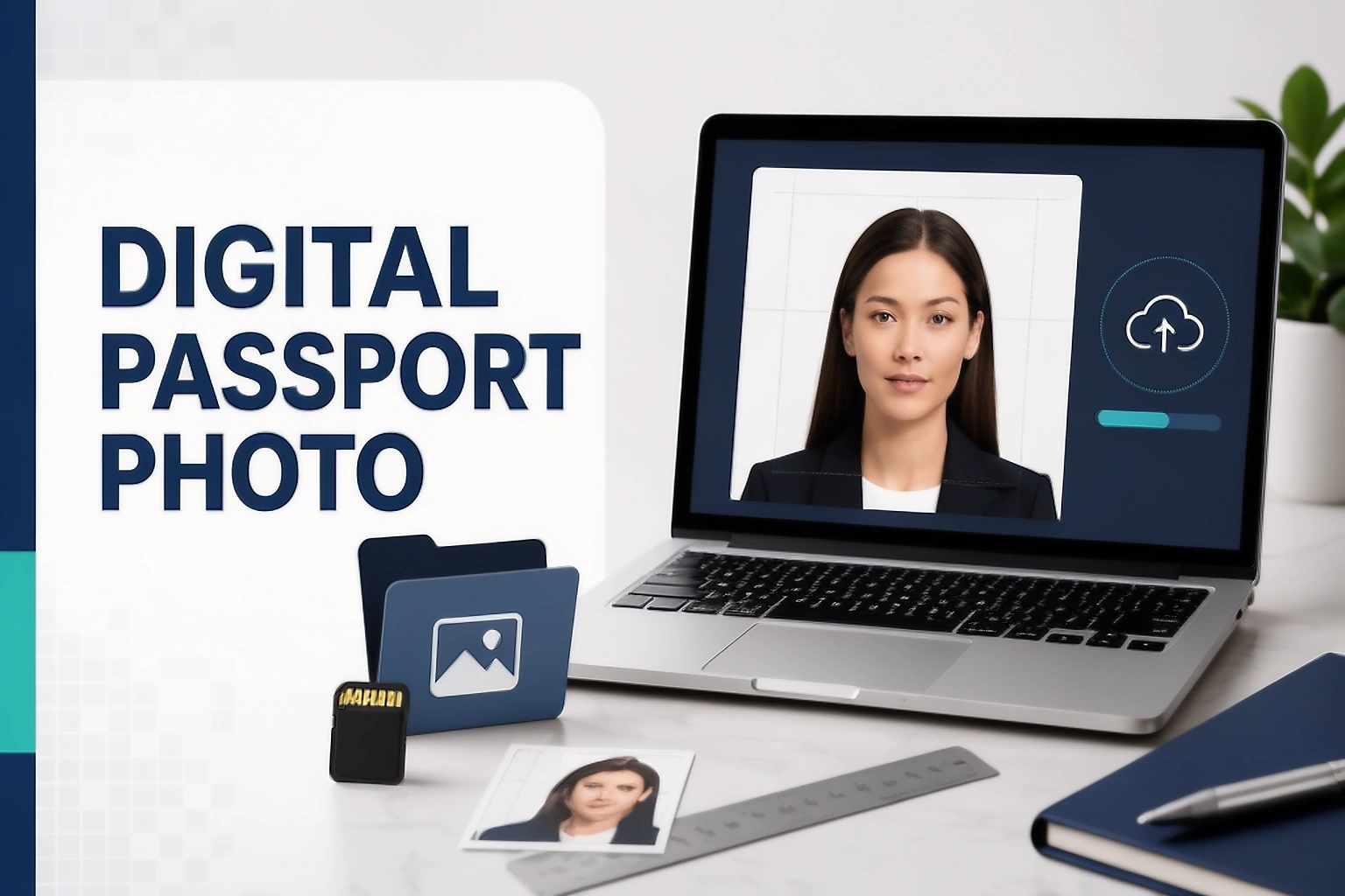 Digital passport photo guide cover showing a camera original, file details, and an online upload