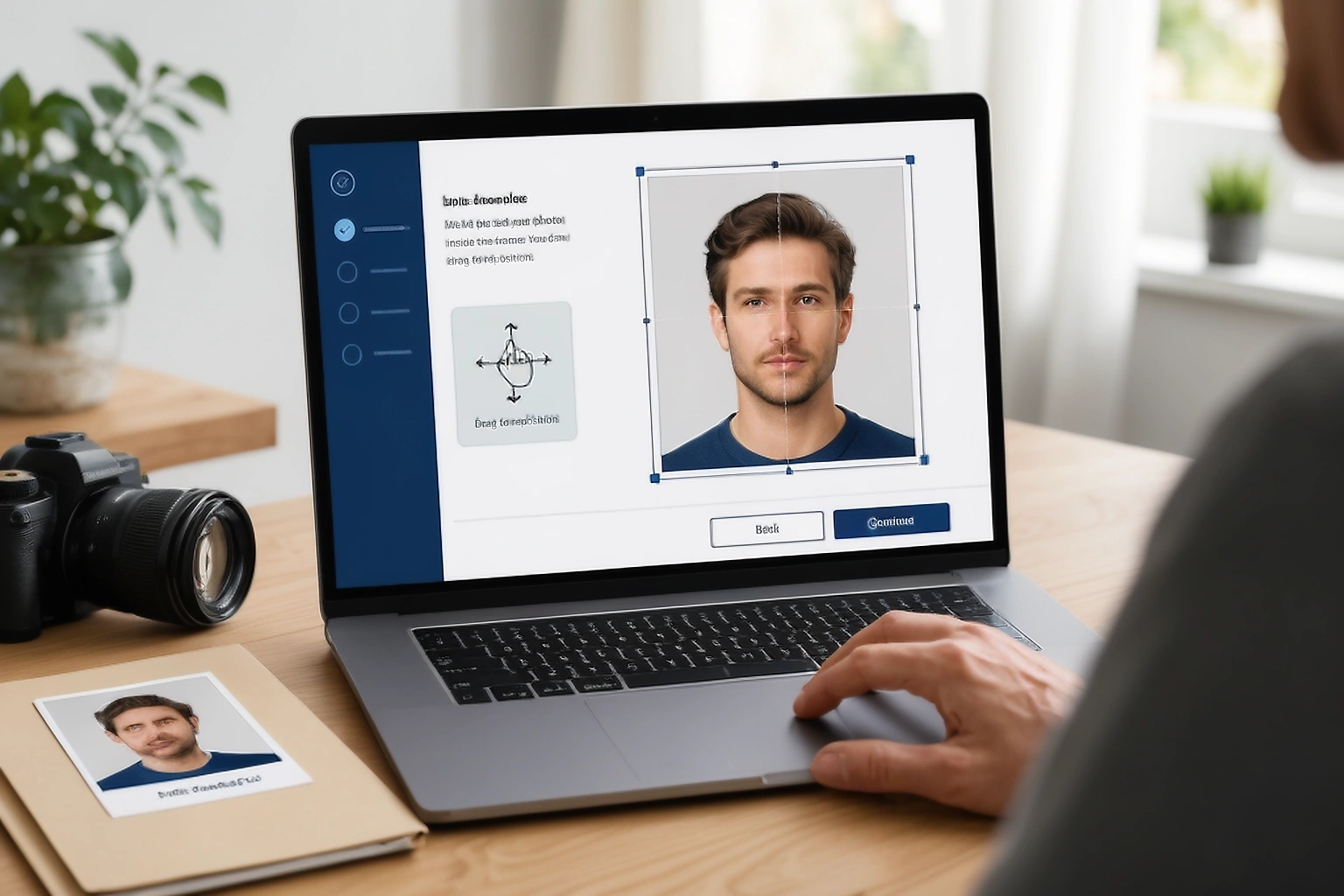 Online passport application showing an uploaded portrait inside a crop and repositioning interface