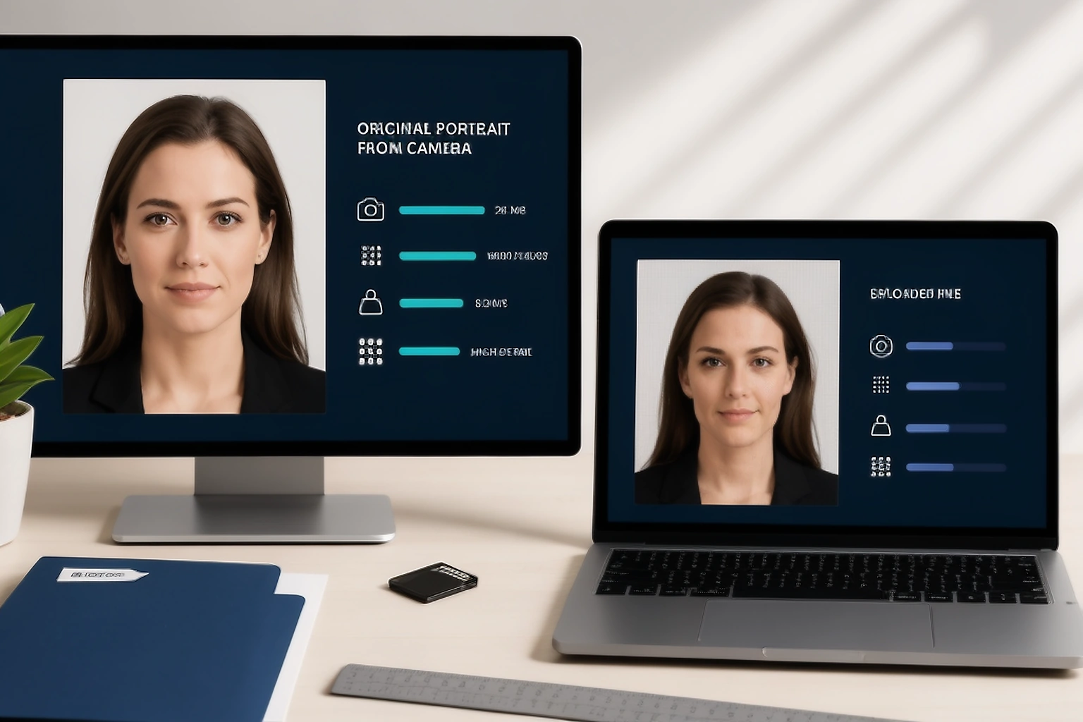 Original passport portrait and exported upload file compared on two monitors with pixel and file size details