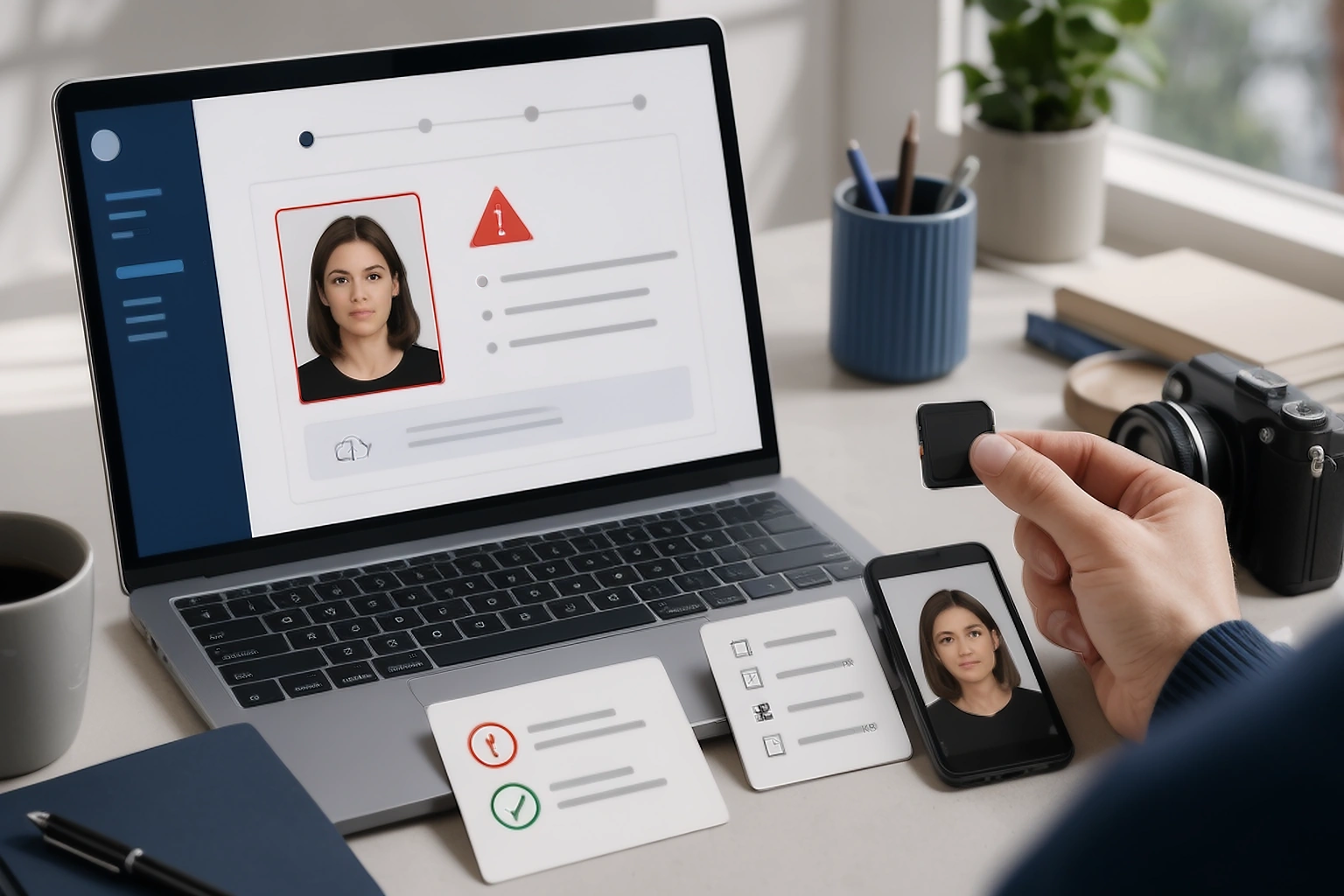 Passport photo upload error being reviewed beside the original image and file properties on a laptop