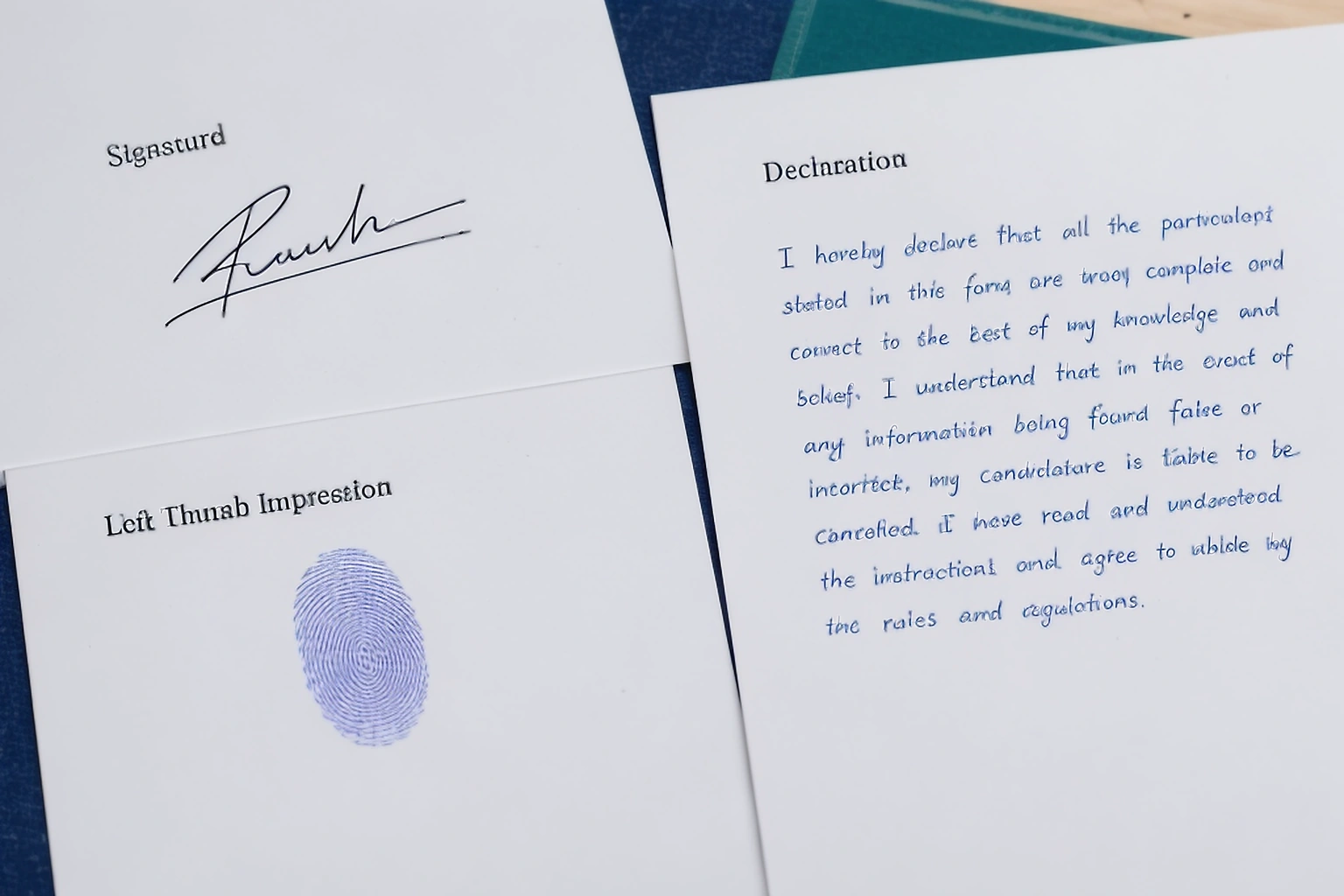 Separate exam upload sheets for a genuine signature, left thumb impression and handwritten declaration