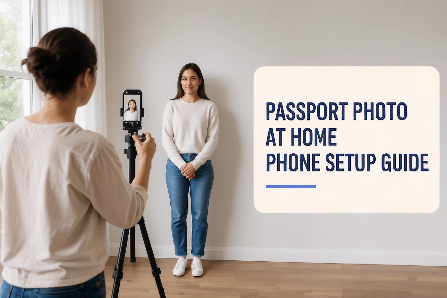 Passport photo at home guide cover showing a phone, tripod and softly lit home setup