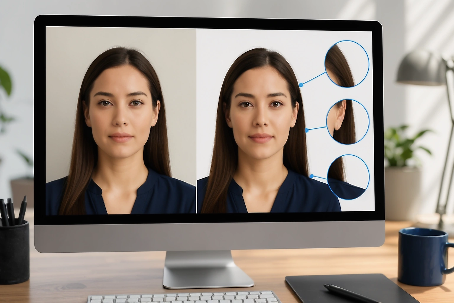 before and after passport portrait on a monitor with magnified checks around the hair, ear, neck, and shoulder edges