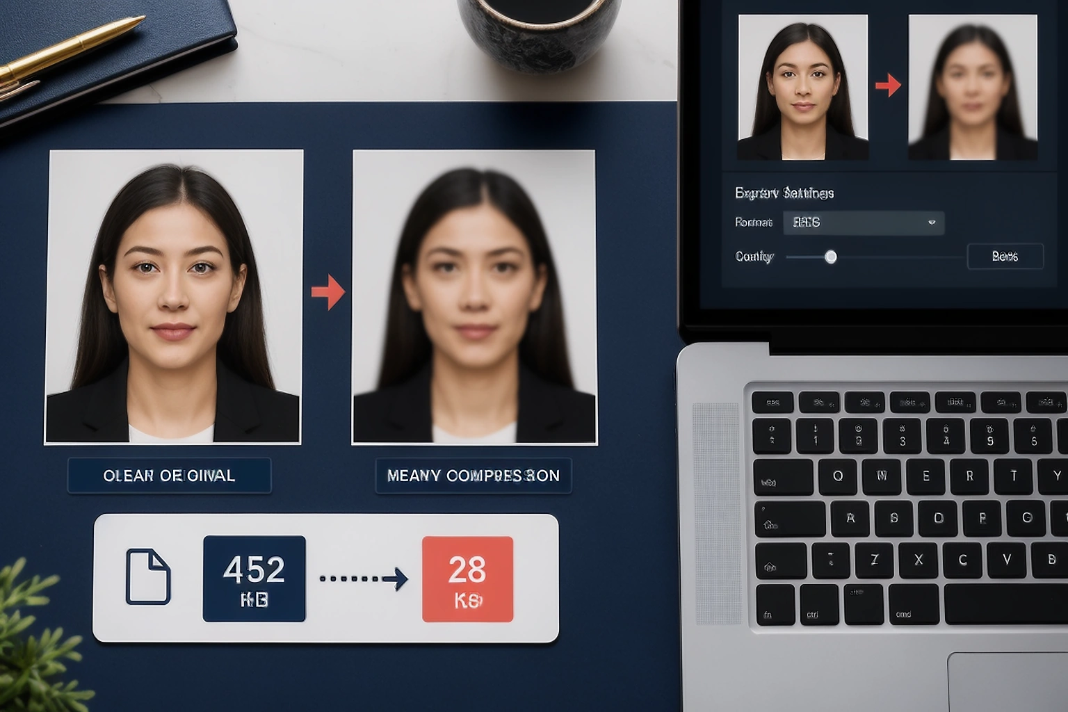 Clear and heavily compressed passport portraits beside an export quality control and file size comparison