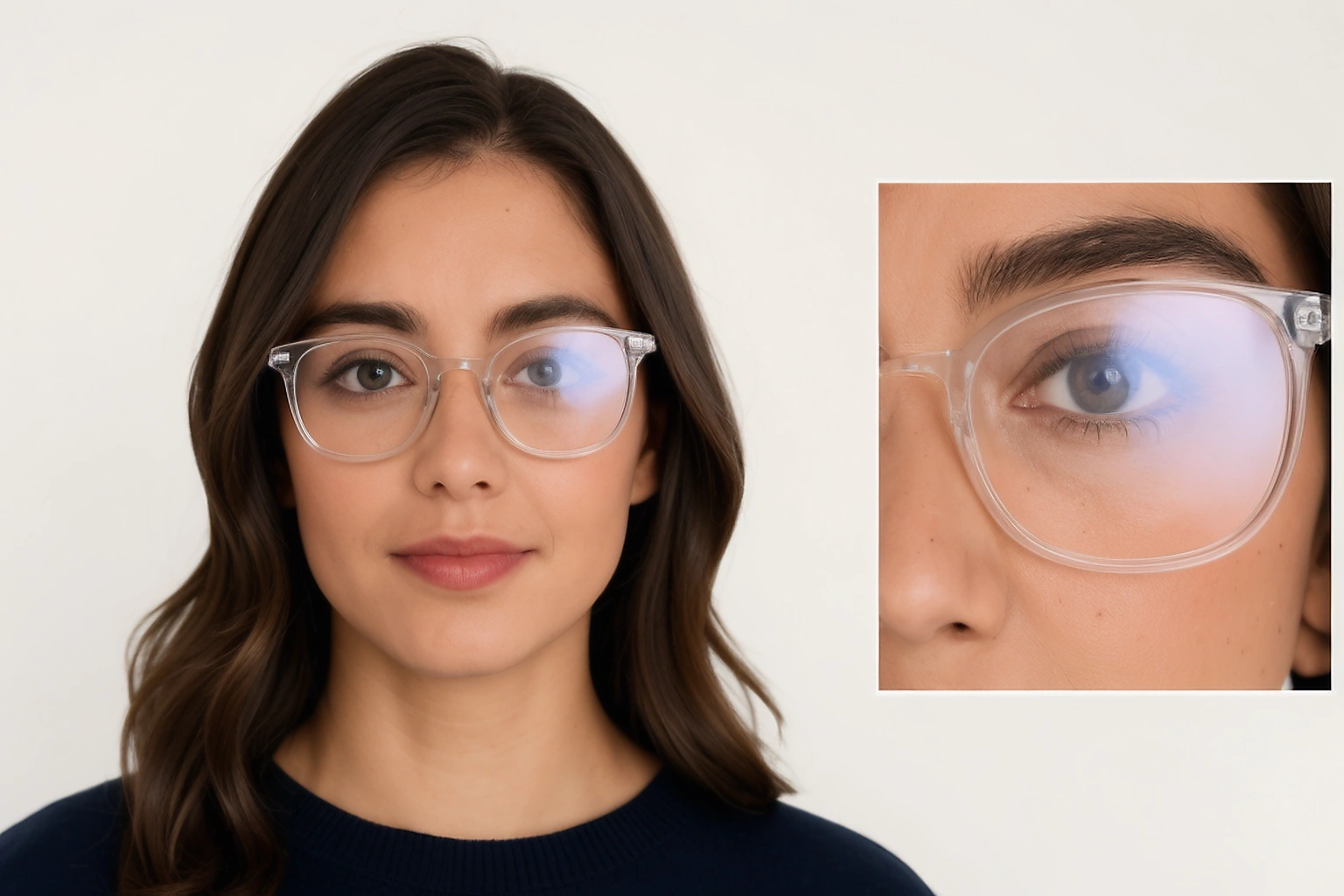 passport photo style portrait with clear glasses showing a controlled lens reflection and an enlarged eye detail