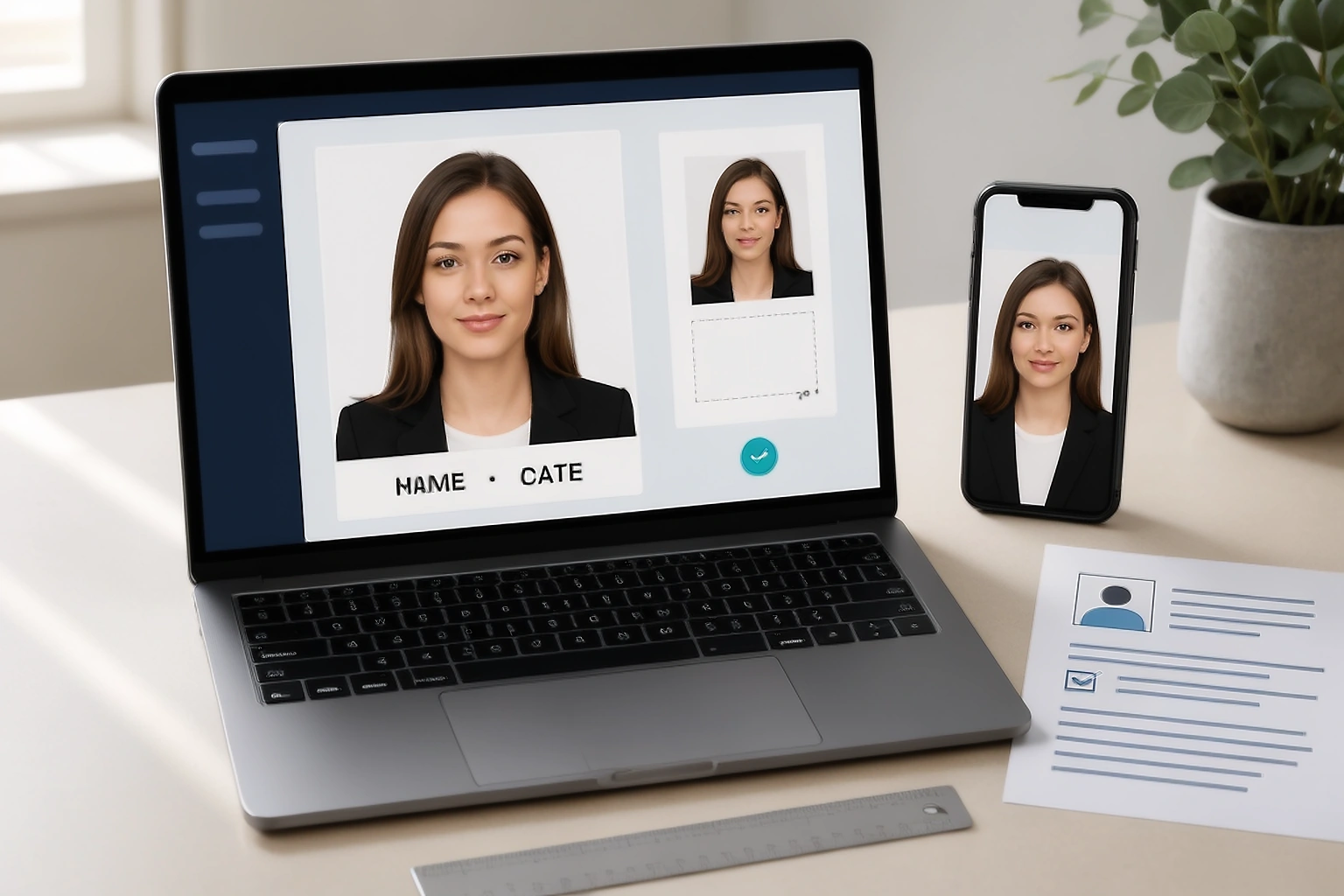 Application photo preparation workspace showing a portrait with a separate name and date strip below it