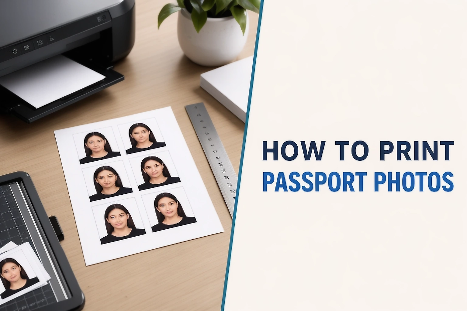 Passport photo printing guide cover showing a print sheet, ruler, and printer workspace