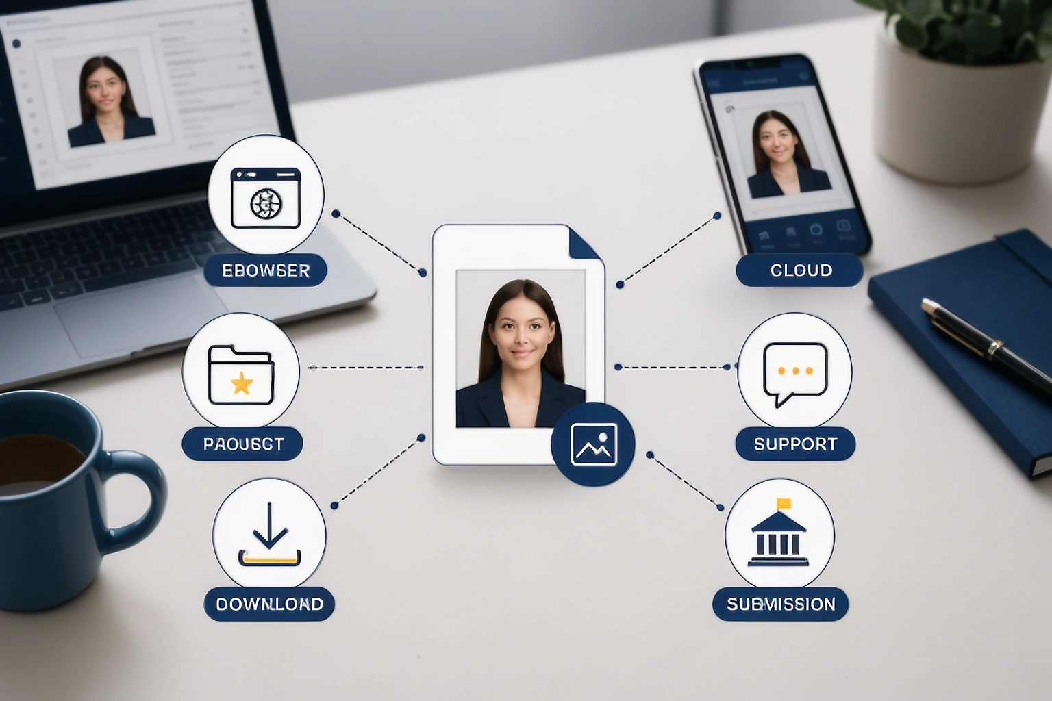 Privacy audit illustration showing one passport photo branching into browser storage, a download, cloud backup, support and government submission