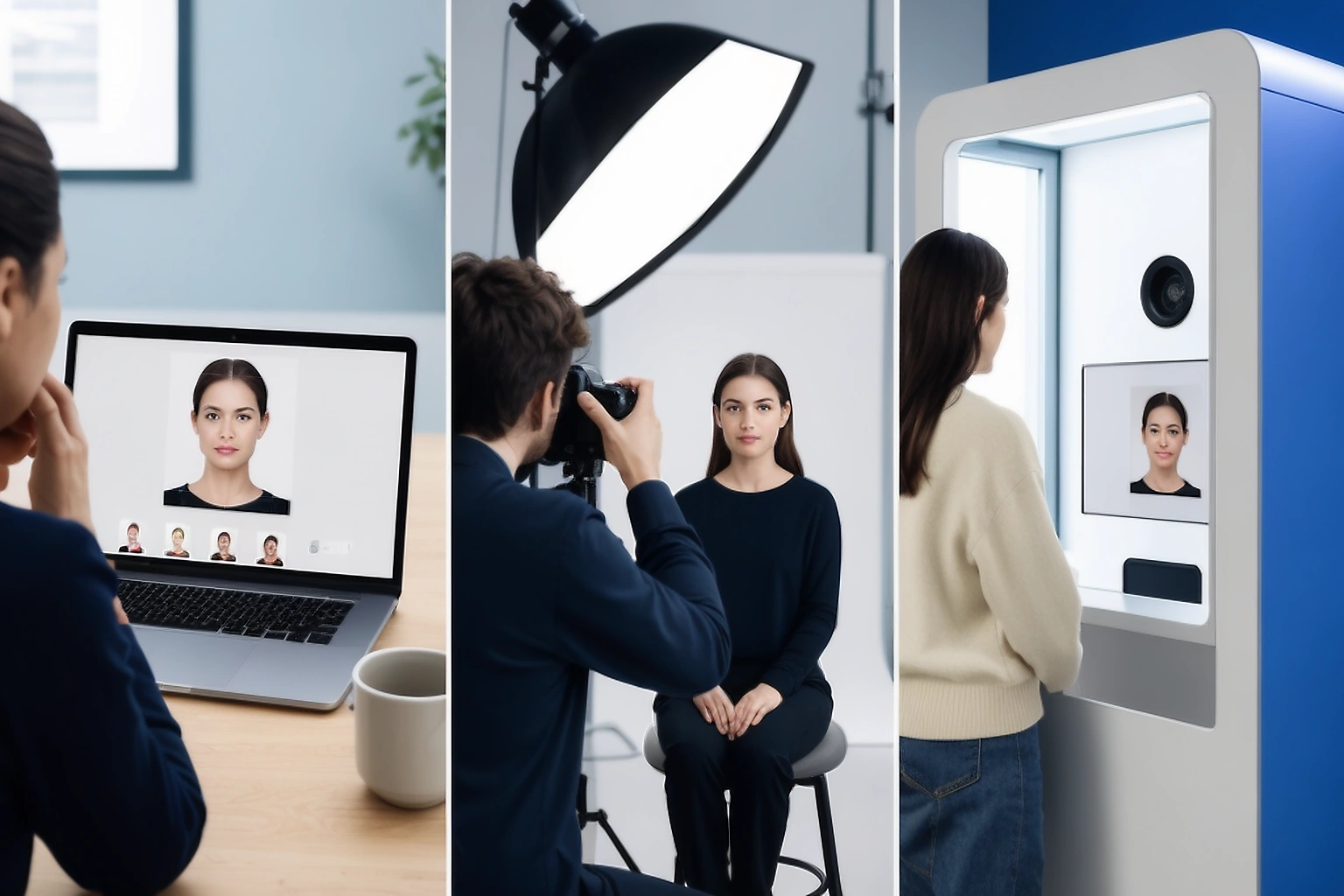 Editorial comparison of an online passport photo tool, professional studio and self service photo booth