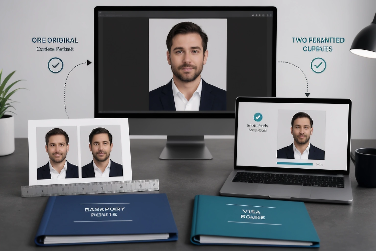 One original camera portrait branching into a passport print sheet and a separate visa digital upload on two organised workstations