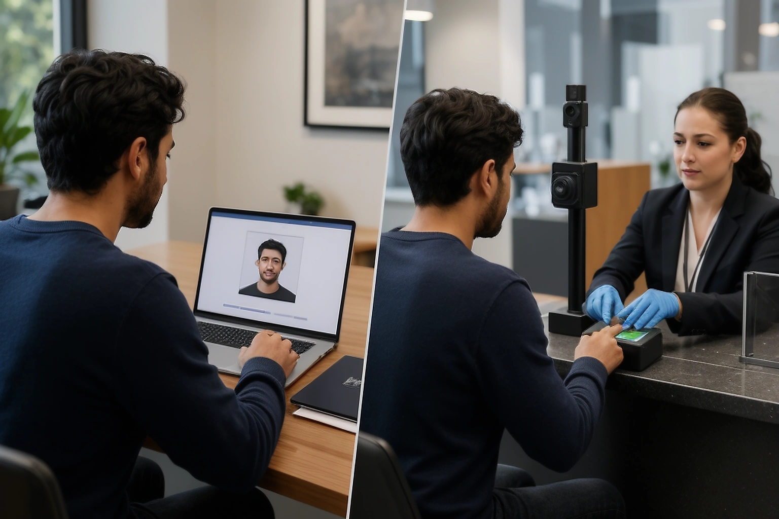 Split editorial scene showing a digital passport or visa photo upload on a laptop and a live biometric facial image and fingerprint appointment