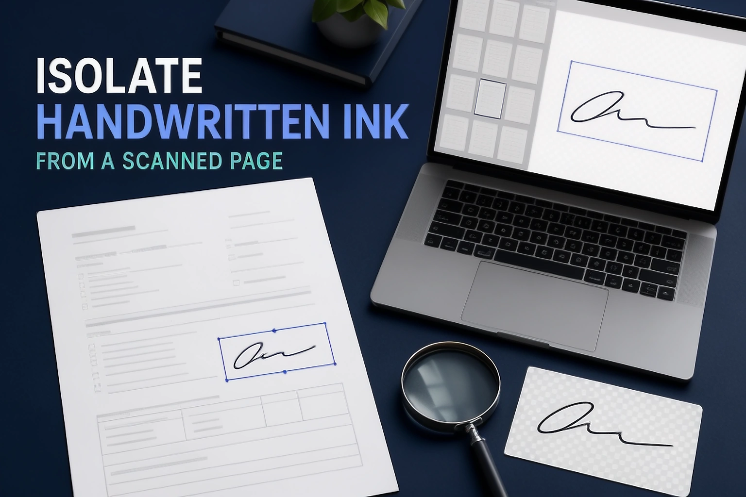 Signature extraction guide cover showing a scanned page, crop selection and a clean handwritten ink preview