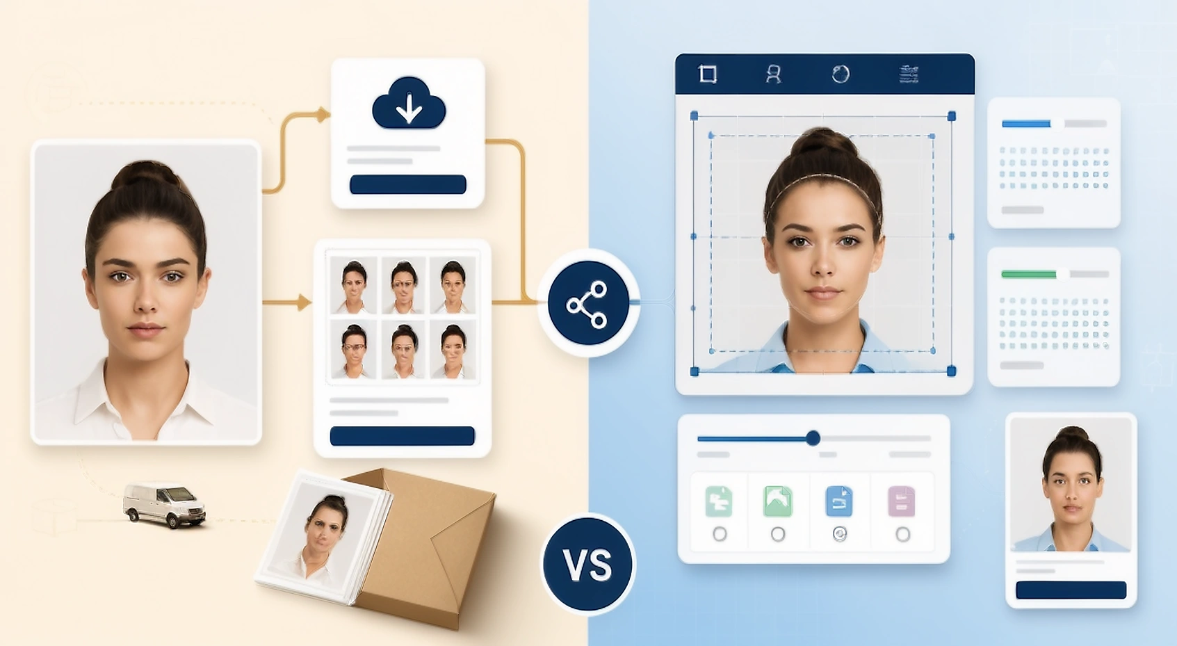 123PassportPhoto template and print workflow compared with PassportPhotoBox file preparation controls