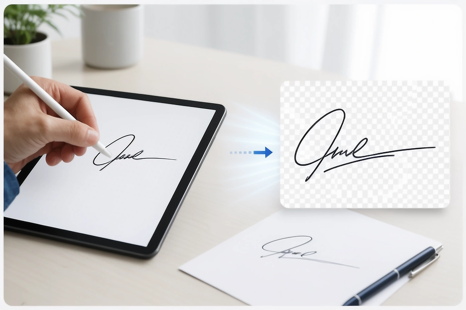 A hand drawing a signature on a tablet beside a clean signature image displayed on a transparent checkerboard background